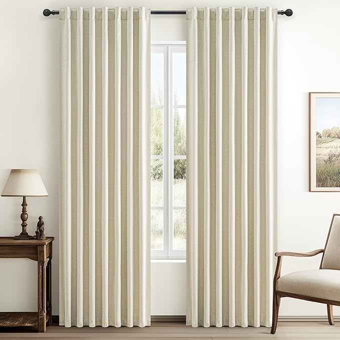 Warm Cream Thick Linen Black Out Curtains 86 Inch Long for Living Room 2 Panels Set, Farmhouse Pleated Room Darkening Window Drapes Insulated Privacy for Kids Bedroom 50"W x 86"L (Rod Pocket Back Tab)