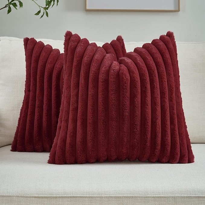 FUTEI Pack of 2 Faux Fur Throw Pillow Covers 16x16 Inch, Burgundy | Fluffy Faux Rabbit Fur Front/Premium Velvet Back,Hidden Zipper,Machine Washable,Non-Shedding,Colorfast,Insert Not Included.