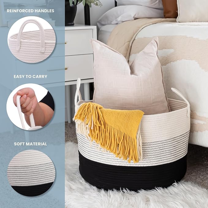 OrganiHaus Round Toy Basket & Blanket Basket, Cotton Rope 20x13" | 3-Toned Black - Round Cotton Rope Basket, 20x13"