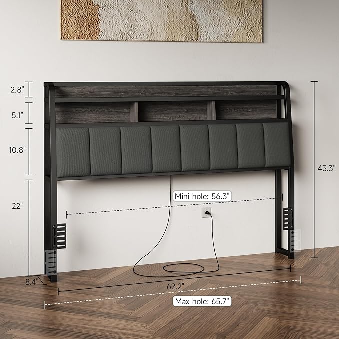 Queen Headboard Only with Storage, Charging Station, Black & Grey | Upholstered Headboards for Queen Size Bed with LED Light, Height Adjustable, Sturdy and Stable Headboard
