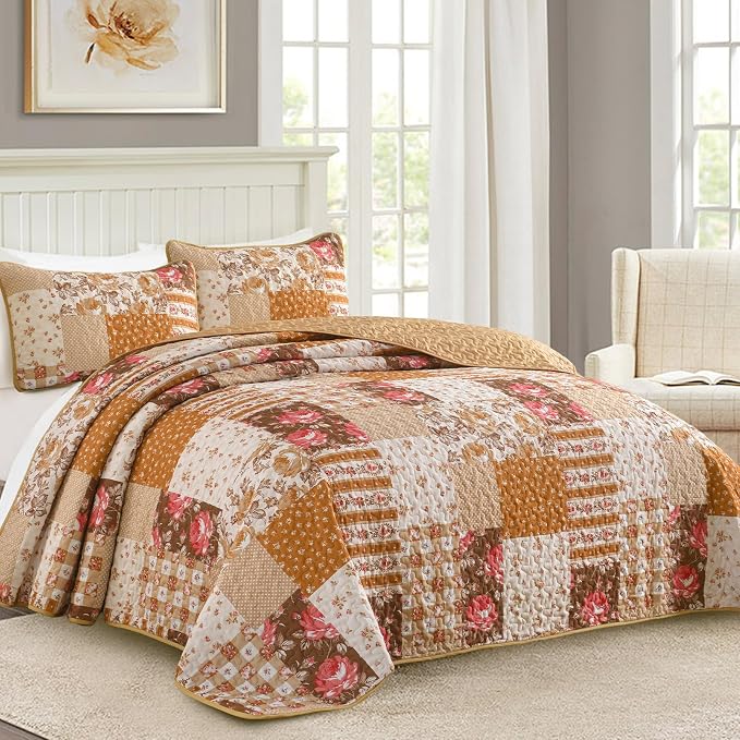 Quilt Set Queen Size, Brown Orange Patchwork Fall Bedding Set | Farmhouse Floral Plaid Bedding Set with Red Flower Pattern, 3 Pieces Soft Microfiber Reversible Bed Cover for All Season