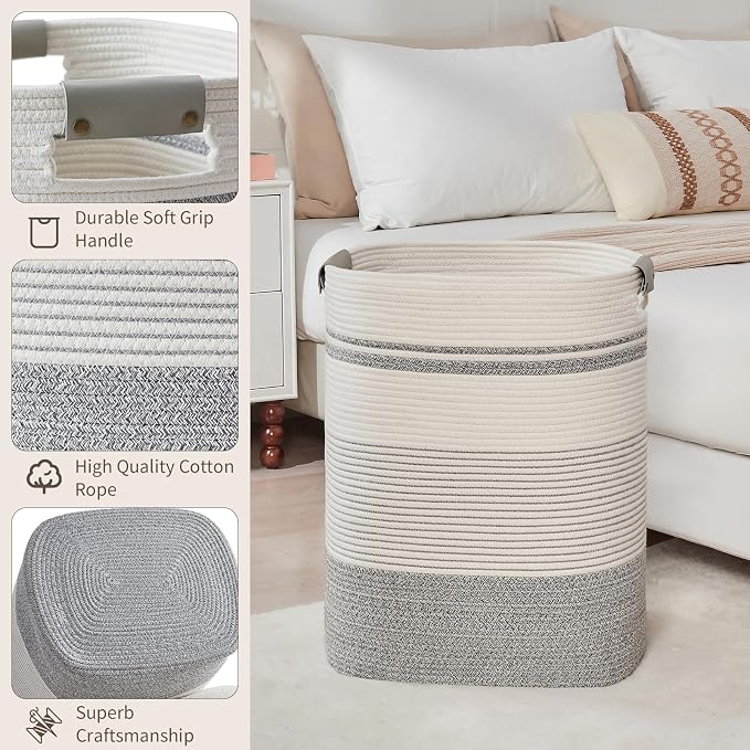 AINUOQI Laundry Basket with Handles - Blanket Basket & Hampers for Bedroom Aesthetic, Laundry Hamper & Blanket Storage for Living Room, Clothes Hamper, Tall, Large 17" x 14" x 22”, Grey & White