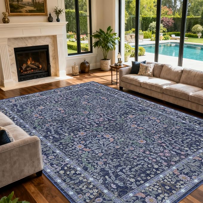 Area Rug for Living Room, 10x12 Large Washable Rugs for Dining Room, Bedroom, Non Slip Stain Resistant Carpet, Low Pile Vintage Floral Rug (Blue)