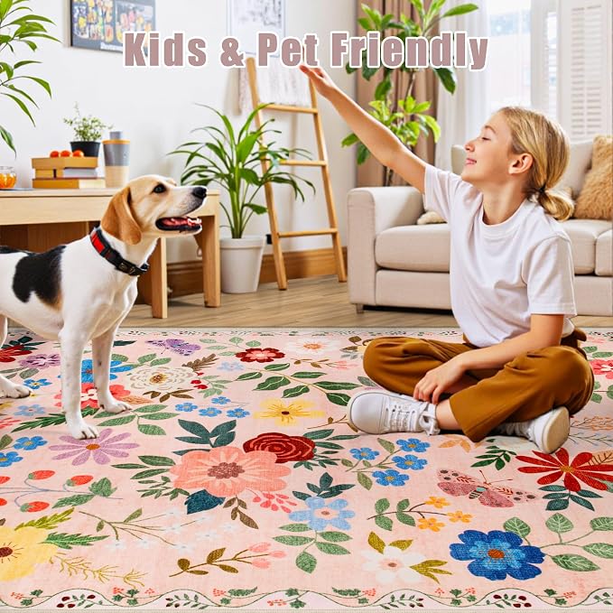 PLHXFR Area Rug Living Room: 4x6 Floral Washable Boho Soft Carpet Beige | For Bedroom Dining Room Farmhouse Nursery Hallway,Vintage Floral,Machine washable,Non Slip,Stain Resistant,Large Indoor