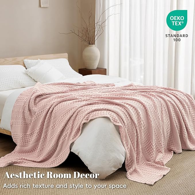 PHF Lightweight 100% Cotton Waffle Blanket for Bed, Queen, Pink | Pre-Washed Soft Cotton Comfort, Breathable Layering Warmth for Fall & Winter, Bed, Sofa, Couch, Home Decor & Gifts