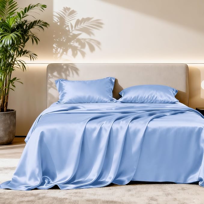 Love's cabin Twin XL Satin Sheet Sets - 3 Piece Sky Blue Silky Bed Sheets with Deep Pockets, Luxury Silk Feel Satin Sheet Set Twin XL (1 Flat Sheet,1 Fitted Sheet,1 Pillow case)