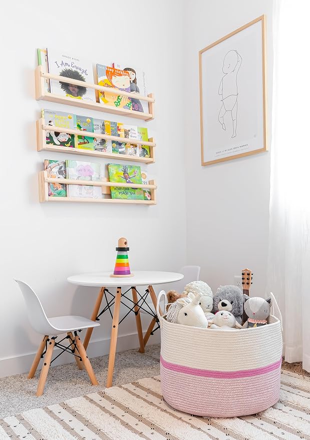 OrganiHaus Round Toy Basket & Blanket Basket, Cotton Rope 20x13" | Striped Pink - Round Cotton Rope Basket, 20x13"