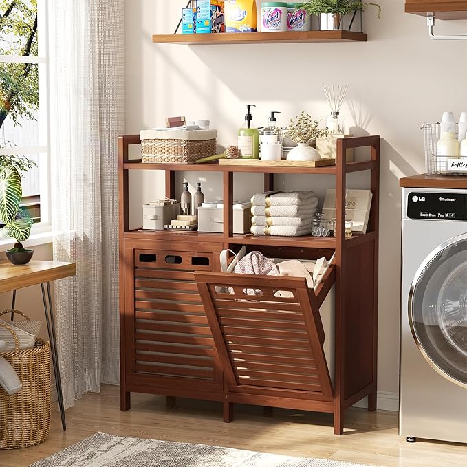 Homykic Tilt Out Laundry Hamper Cabinet, Bamboo Laundry Organizer, Walnut | 20 Gal Laundry Sorter with 2 Removable Liner Bags, Hidden Clothes Hamper with Shelf for Laundry Room, Bathroom, Closet