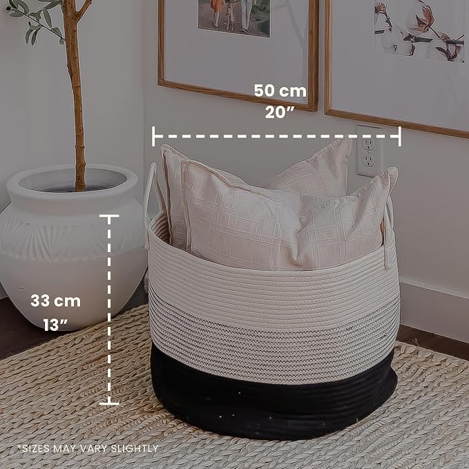 OrganiHaus Round Toy Basket & Blanket Basket, Cotton Rope 20x13" | 3-Toned Black - Round Cotton Rope Basket, 20x13"