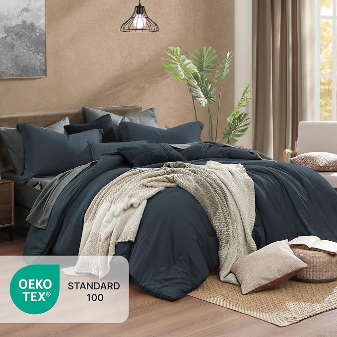 Monbix California King Size Comforter Set 7 Pieces Navy Blue Bed in a Bag | Cationic Dyeing Reversible All Season Bedding Sets with Comforter, Sheets, Pillowcases & Shams