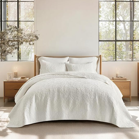 EVERGRACEHOME 100% Cotton Paisley Quilt Set, Oversized King, Bright White | Prewashed for Softness, Year-Round Breathability, Gift-Ready Box, Matelasse-style Quilted Coverlet, 3 Piece Set with 2 Shams