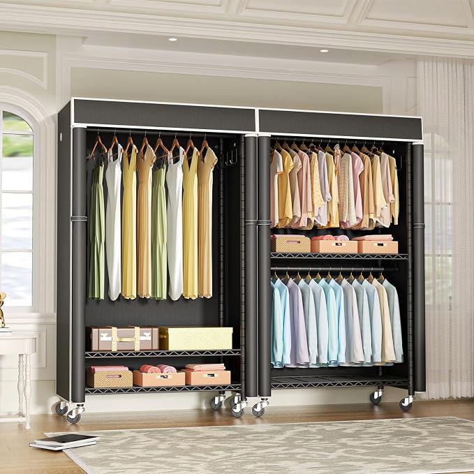 FUTASSI Clothing Rack with Cover, P1C Rolling Closets with Wheels | Metal Garment Rack for Hanging Clothes, Clothing Storage Wardrobe with Cover