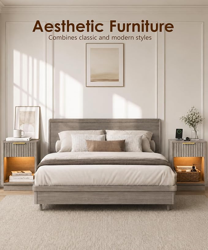 Akxomel Fluted Nightstand Set 2 Bedside Table with Charging Station Greige | Wooden Side Table with LED Light, Modern Mid Century End Table with Drawer, 15" D x 15.7" W x 22.6" H, for Bedroom