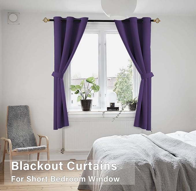 KOUFALL Dark Purple Window Curtains for Bathroom 2 Panels Set Room Darkening Small Short Blackout Curtains for Bedroom Kitchen 45 Inch Length,Royal Grape