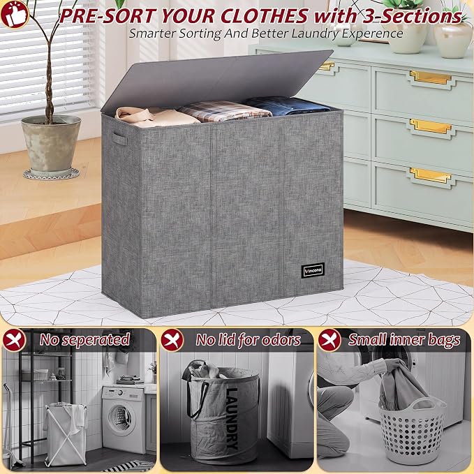 175L Laundry Hamper 3 Section,Large Laundry Hamper with Lid,Dirty Clothes Hamper with 3 Inner Bags,Collapsible Laundry Basket Organizer for Laundry Room,Bedroom,Laundry Sorter Hamper 3 Compartment