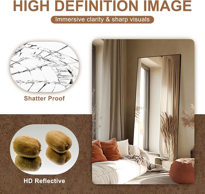 Full Length Mirror with Stand, 70x30 Black Floor Mirror | Aluminium alloy frame with HD float glass for distortion-free reflection. Free standing or wall mounted.