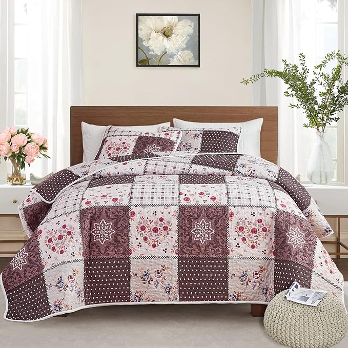 Patchwork Quilt Set Full/Queen Size, 3 Pieces Brown Floral Plaid Summer Bedspread Coverlet Set, Soft Microfiber Reversible Lightweight Bed Cover for All Season (90" x 90", 1 Quilt+ 2 Pillow Shams)