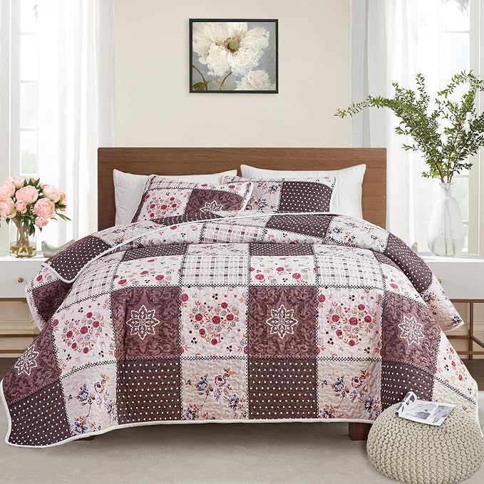 Patchwork Quilt Set Twin Size, 2 Pieces Brown White Floral Plaid Design Summer Bedspread Coverlet Set, Soft Microfiber Reversible Lightweight Bed Cover for Kids (68" x 86", 1 Quilt+ 1 Pillow Sham)