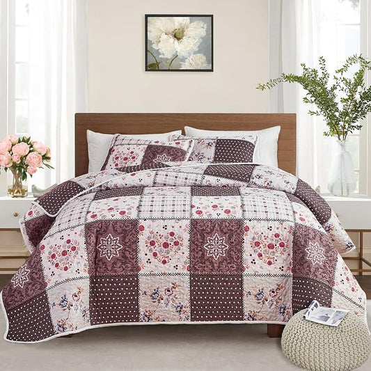Patchwork Quilt Set King Size, 3 Pieces Brown Floral Plaid Summer Bedspread Coverlet Set, Soft Microfiber Reversible Lightweight Bed Cover for All Season (102" x 90", 1 Quilt+ 2 Pillow Shams)