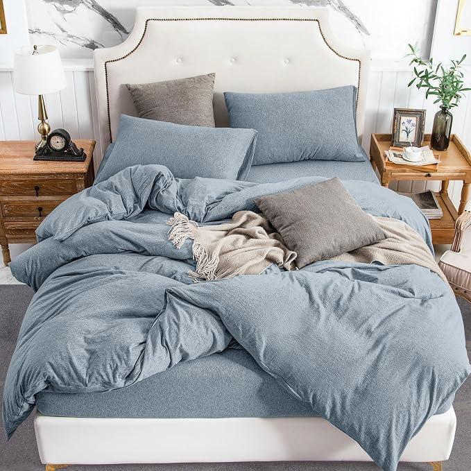 PURE ERA Jersey Knit Sheet Set Heather Blueish Grey California King | 100% Cotton, 3 Piece Set, T Shirt Soft, Breathable, Envelope Closure Pillowcases, Hidden Zipper, 8 Ties, No Insert, Modern