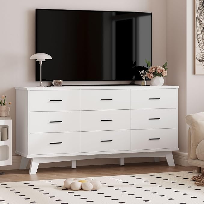 Xixini Dresser for Bedroom, 9 Drawer Wide Modern Chest of Drawers with X-Shaped Sturdy Base, Wood Double Dresser Closet Clothes Storage Organizer, Wooden TV Stand for Living Room, Hallway, White