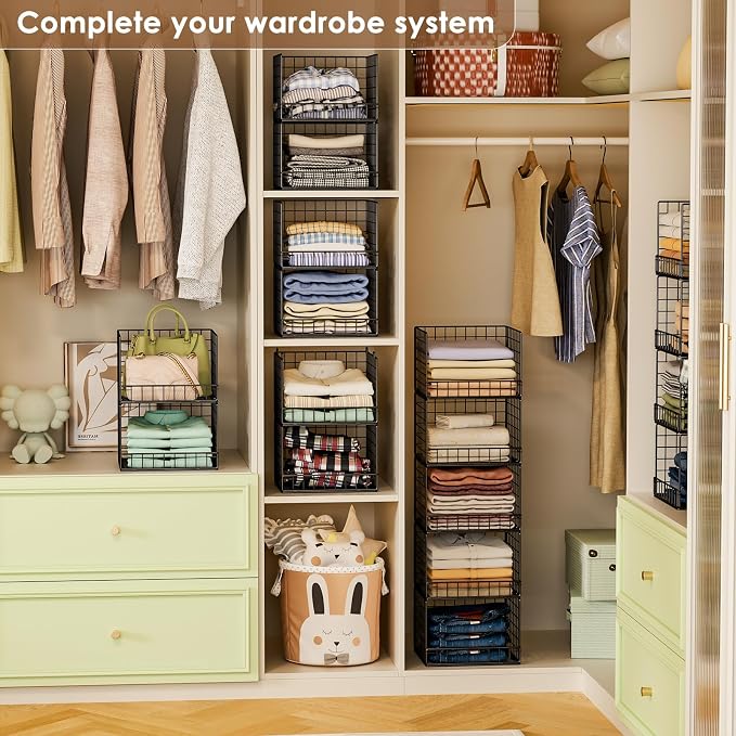 5-Tier Stackable Closet Organizers and Storage Baskets, Closet Shelf Organizer for Small Space, Space-Saving closet organizer system, Foldable Clothes Storage Bins for Closet Organizer System, Black