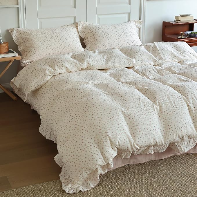 Chic Shabby Vintage Floral Duvet Cover Twin for Kids Girls Boys 100% Cotton Muslin Ruffled Quilt Cover Twin, 68"x86", Pink Floral Print, Soft Breathable, Zipper Closure, No Pillowcase