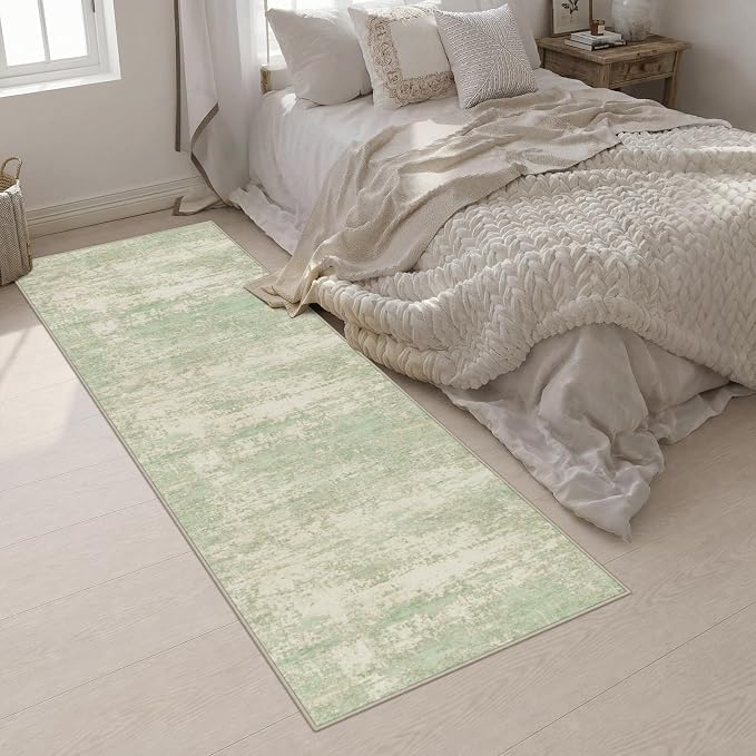 3x10 Washable Runner Rug：Modern Abstract Soft Carpet Green Cream | For Hallway, Bedroom, Kitchen, Laundry, Bathroom,Door Mat,Modern Abstract,Machine washable,Non-Slip,Stain Resistant,Indoor