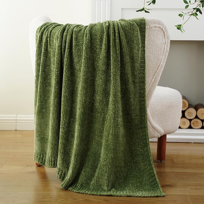 Green Chenille Throw Blanket for Couch, Soft Knit Throw Blanket 51"x67" | Shiny Chenille Blanket, Decorative Soft Moss Green Blankets for Bed Sofa Living Room