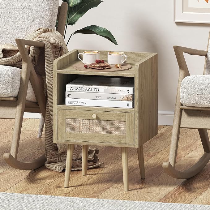 MECHYIN Night Stand Set 2, Nightstands Set of 2 with Charging Station, Rattan Side Tables with Solid Wood Legs, Boho Bedside End Table for Apartment Bedroom Dorm Small Space