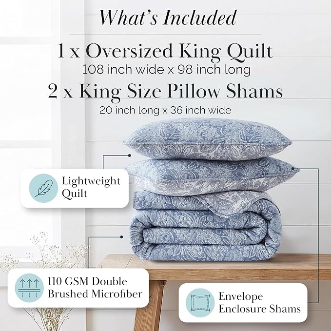 Southshore Fine Living, Inc. Extra Large King Size Quilts, Paisley Quilt, Blue and White Bedspread, 3-Piece Bohemian Bedding Set with Two Matching Shams, California/King, Reversible Blue
