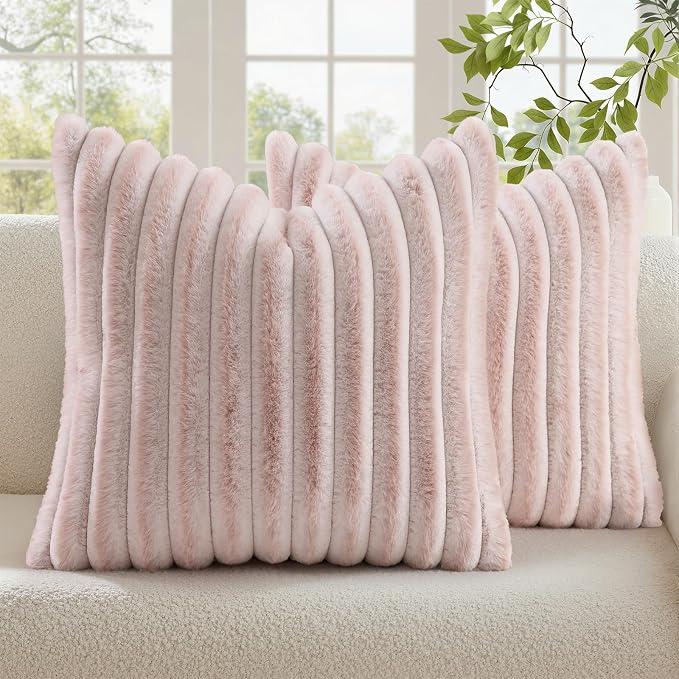 decorUhome Fall Faux Fur Throw Pillow Covers 16x16 Set of 2 Pink White | Decorative Soft Cozy Striped Plush Modern Farmhouse Boho Couch Pillow Cases Velvet Back for Sofa Bed Living Room Home Decor