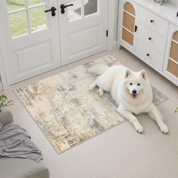2x3 Washable Entryway Rug: Modern Abstract Soft Carpet Beige Brown | For Entrance, Bedroom, Kitchen, Laundry, Bathroom,Door Mat,Modern Abstract,Machine washable,Non-Slip,Stain Resistant,Indoor