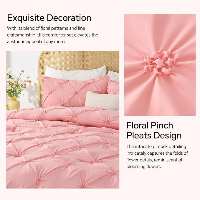 BEDELITE King Comforter Set Pink,Lightweight & Soft Comforter | Pintuck Boho Bedding, Warm & Cute Bed Set for All Season,With 2 Pillowcases