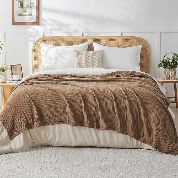 EMME Muslin Blankets for Adults Throw Blanket for Couch Breathable Gauze Soft Lightweight Airy Brown Queen 90" x 90"