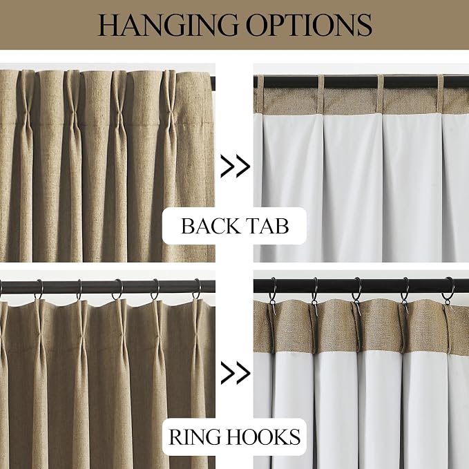 Vision Home Brown Pinch Pleated Full Blackout Curtains Linen Blended Room Darkening Window Curtains 112 inch for Living Room Bedroom Thermal Insulated Pinch Pleat Drapes with Hooks 40" Wx112 Lx2