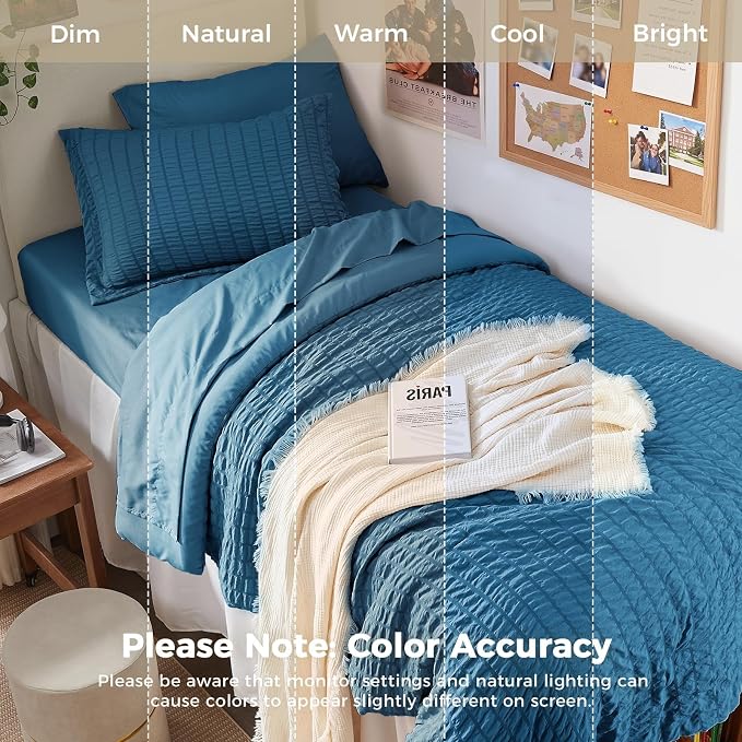 HYMOKEGE Teal Twin Comforter Set Seersucker 5 Pieces, All Season Luxury Bed in a Bag for Bedroom, Bedding Set with Comforters, Sheets, Pillowcase & Sham