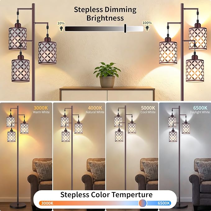 72" Dimmable Floor Lamp with Remote & Timer, Industrial Farmhouse Rustic Standing Lamp for Living Room Bedroom, 3 Individually Controlled Heads, 2 Height Options, 3 x LED Bulbs Included