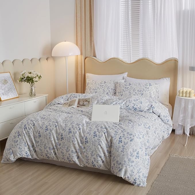 mixinni Girls Blue Flower Leaves Pattern on White Duvet Cover Twin Size Soft Cotton Bedding Comforter Cover Set with Zipper Closure 4 Corner Ties for Teenage Girls (1 Duvet Cover + 2 Pillowcases)