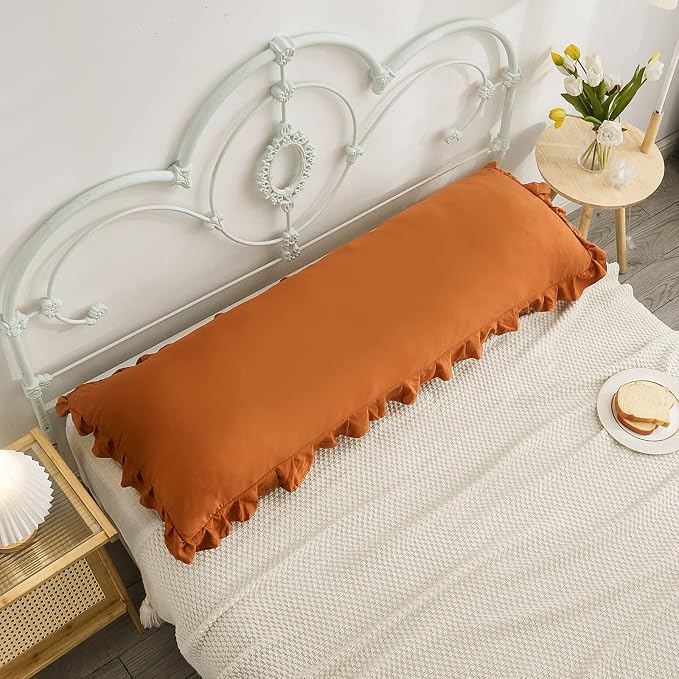 Burnt Orange Body Pillow Cover 20x54inches Long Pillowcase Shabby Chic Ruffled Fringe Decor Body Pillow Sham Cute Pillowcase (1 Body, Caramel)