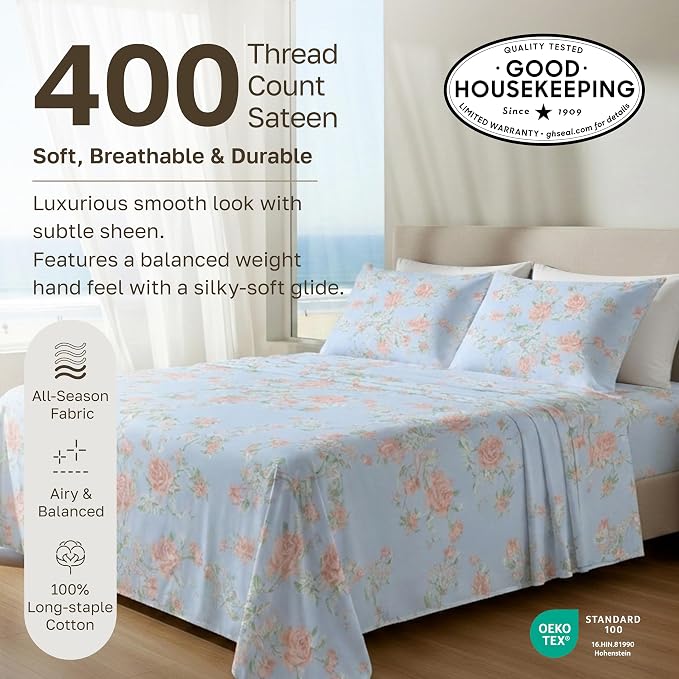 California Design Den Soft 100% Cotton Sateen Twin XL Size Bedsheets, 3 Pcs | 400 Thread Count Backed by Good Housekeeping Seal, All-Around Elastic, Durable, Easy Care, 3 Pc Set - Floral Blue/Pink Print