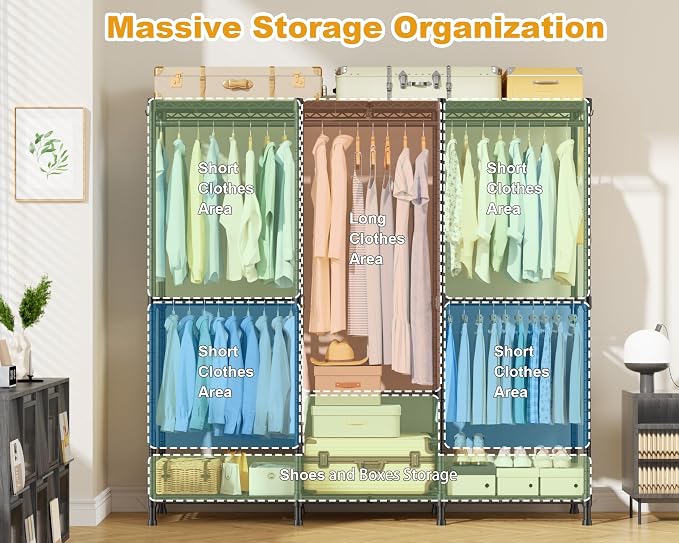 ULIFHOME E14C Heavy Duty Closet Organizer System，Freestanding Clothing Racks for Hanging Clothes，Adjustable Garment Rack 58" W × 16" D × 77" H Hold 860 lbs，Black Rack with Black Dustproof Cover