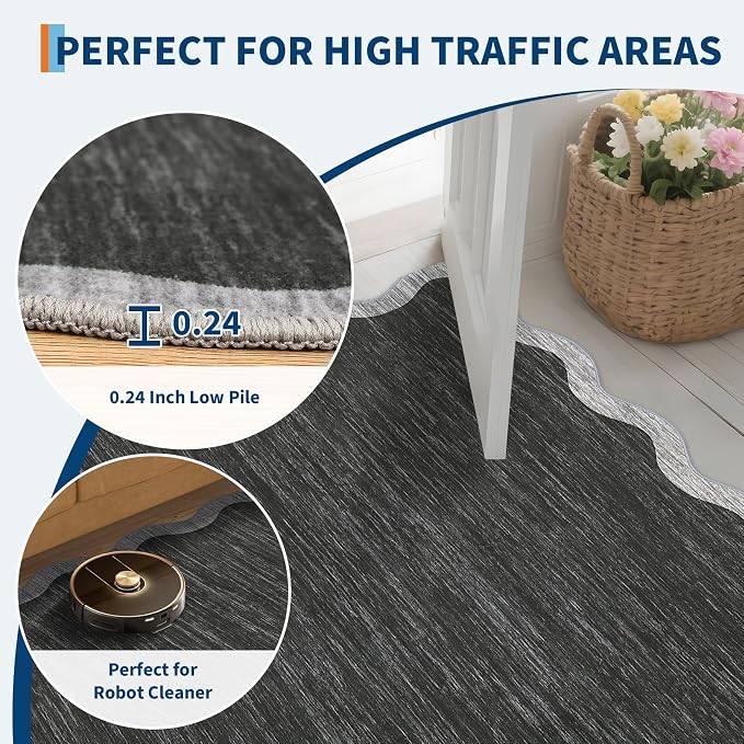 GarveeHome Scalloped Washable Area Rug 8x10 Rug for Living Room Non Slip | Modern Throw Rugs Large Rugs for Bedroom Low Pile Non Shedding Stain Resistant Carpet for Dining Room 8 ft x10 ft Black