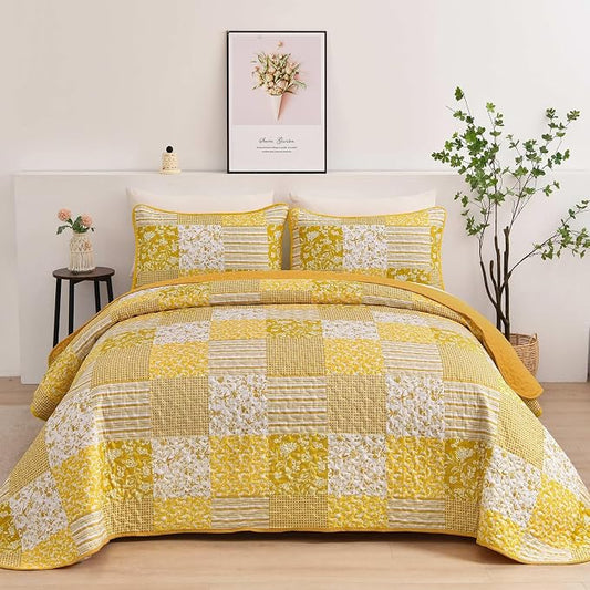 Mybedsoul Yellow Boho Quilt Set Full Size, Patchwork Quilt Bedding Set | 3 Pieces Plaid Floral Bedspread Coverlet Set for All Seasons, Soft Lightweight Patchwork Reversible Bedding Set 78"×90"