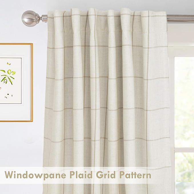 DriftAway 100% Blackout Plaid Linen Curtains 108 Inches Long 2 Panels Taupe | 100% Blackout, Linen Texture, Plaid Pattern, Two Layers, Rod Pocket & Back Tab, Bedroom Living Room Use, Luxury Appearance