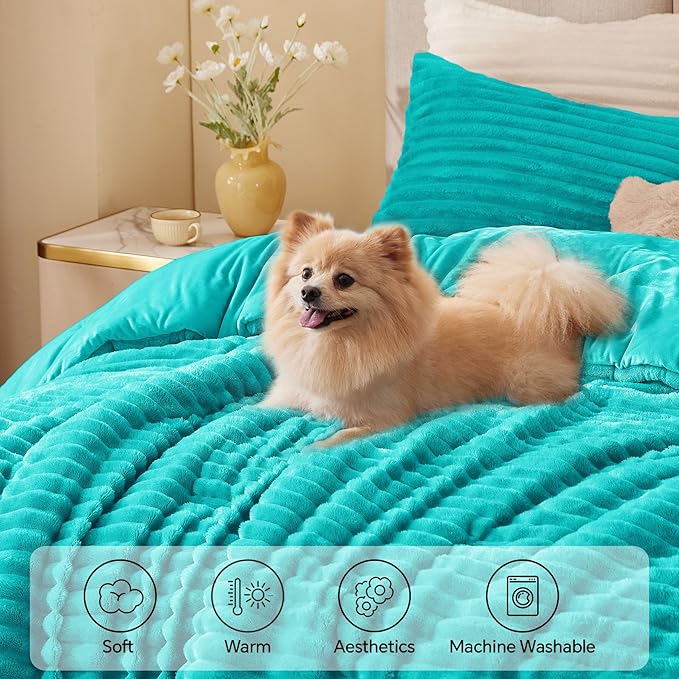 BEDELITE Fleece King Comforter Set, Fluffy Bed Set, Teal | Super Soft & Warm Bedding, Luxury Fuzzy Faux Fur Comforter for Winter, Heavy Plush Bedding, with 2 Pillowcases