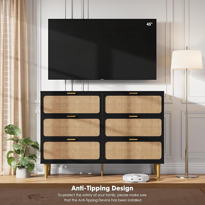GarveeHome Rattan 6 Drawer Dressers for Bedroom, Deep Drawer, Black | Tall Dresser, Wide Top, for Living Room, Hallway, Kids Room, Large Chest of Drawers for Closet, Long Wooden Dresser