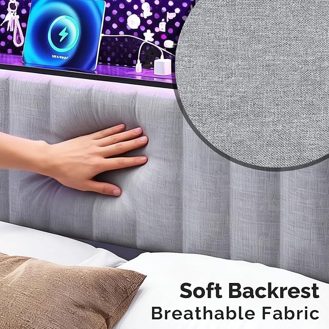 VINGLI Queen Size Headboard Only, Adjustable Upholstered Headboard with 2 Tier Shelves and Pegboard with Charging Stations and LED Lights, Modern Bed Headboard with Storage for Bedroom Decor