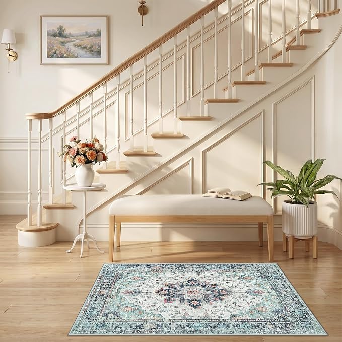 RELEANY Washable Area Rug, Small 2'6"x4', Teal Green/White/Navy | Non-Slip, Water Repellent, Pet Friendly, Easy to Clean, Vintage Floral Boho Decor for Kitchen Entryway Bathroom