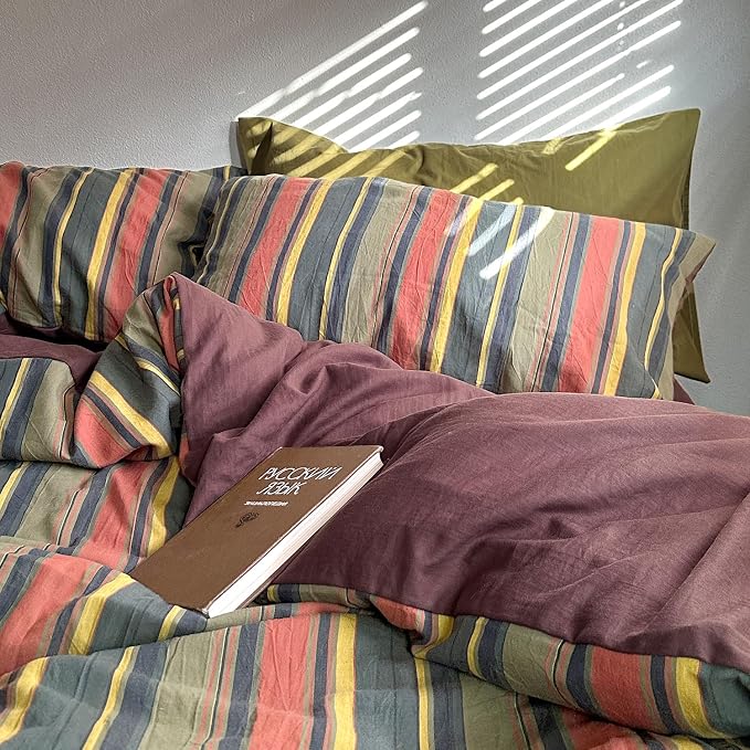 mixinni Vintage Striped Duvet Cover Set Full Size - 3 Piece 100% Washed Cotton Bedding Set, Soft & Breathable, Colorful Striped Pattern Printed Comforter Cover for All Seasons